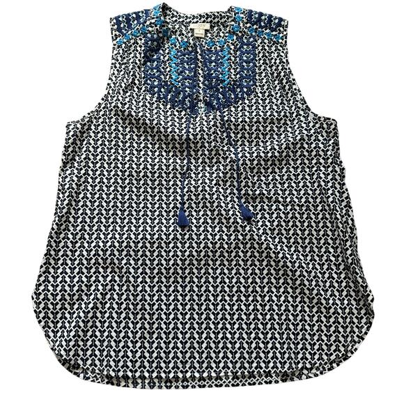 J Crew Tops - J Crew Embroidered Blue and White 100% Cotton Sleeveless Shirt-size 4